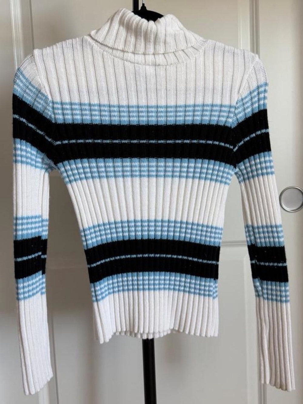 rave White Ribbed Turtleneck Sweater with Blue & Black Stripes